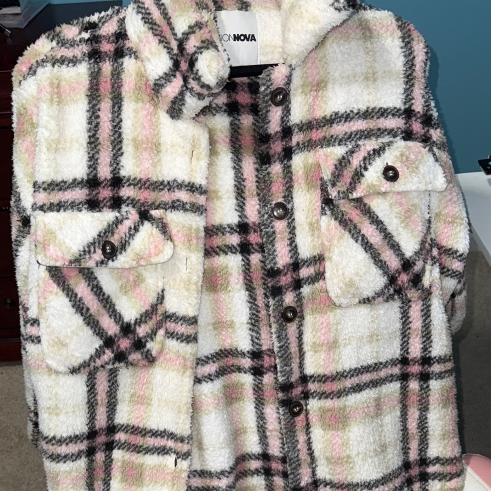 Fashion Nova women Plaid Jacket - Cream, Pink, and Black - Picture 2 of 4